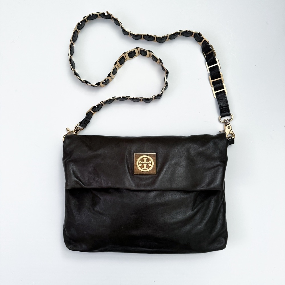 Tory Burch Dena Fold Over Convertible Gold Chain Black Leather Shoulder Bag